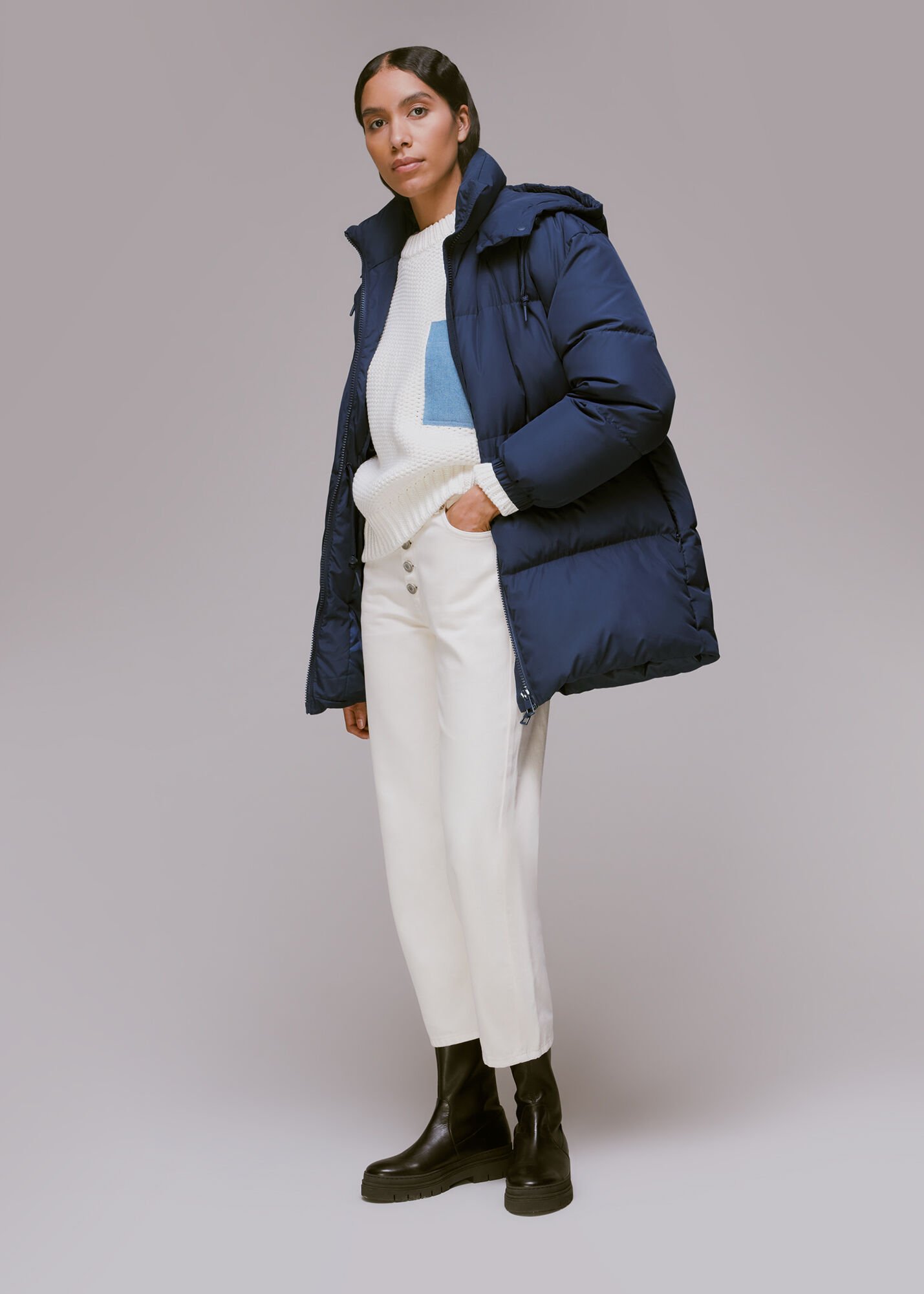 Navy Esme Hooded Down Puffer Coat WHISTLES