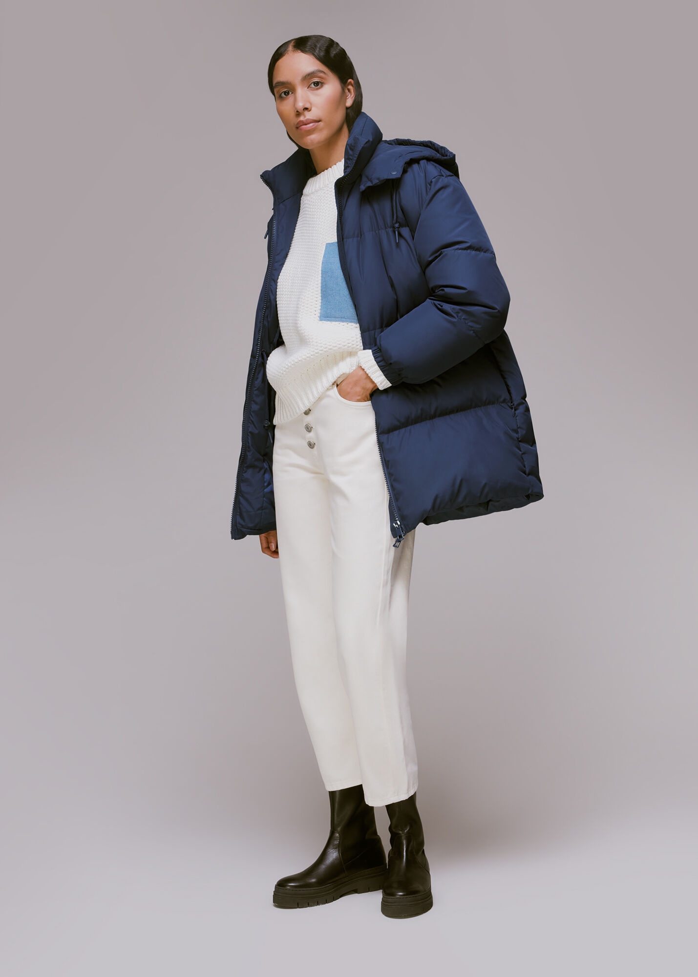 Navy Esme Hooded Down Puffer Coat WHISTLES Whistles US