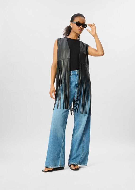 Black Rei Leather Fringed Waistcoat