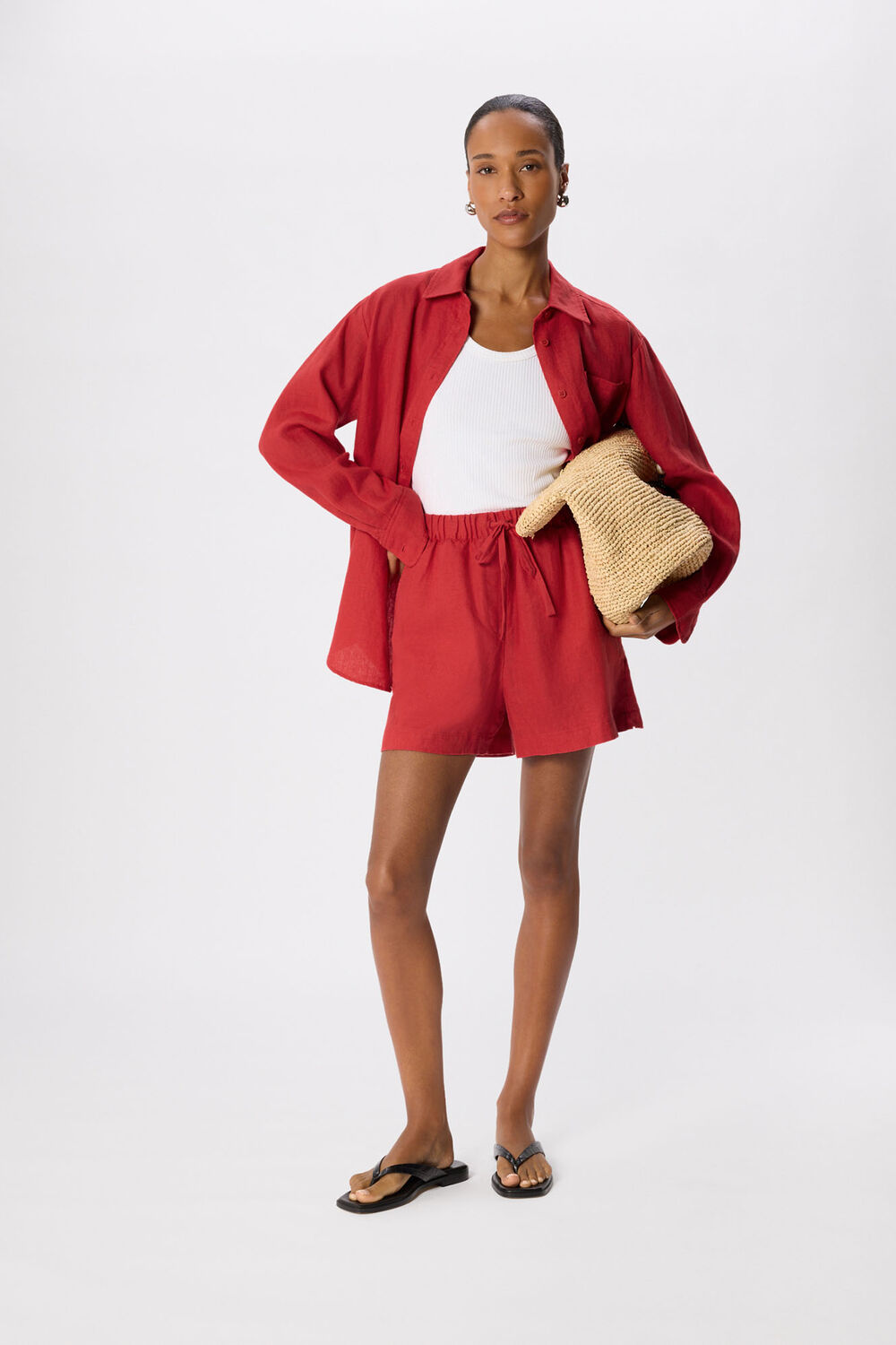Red Linen Elasticated Short