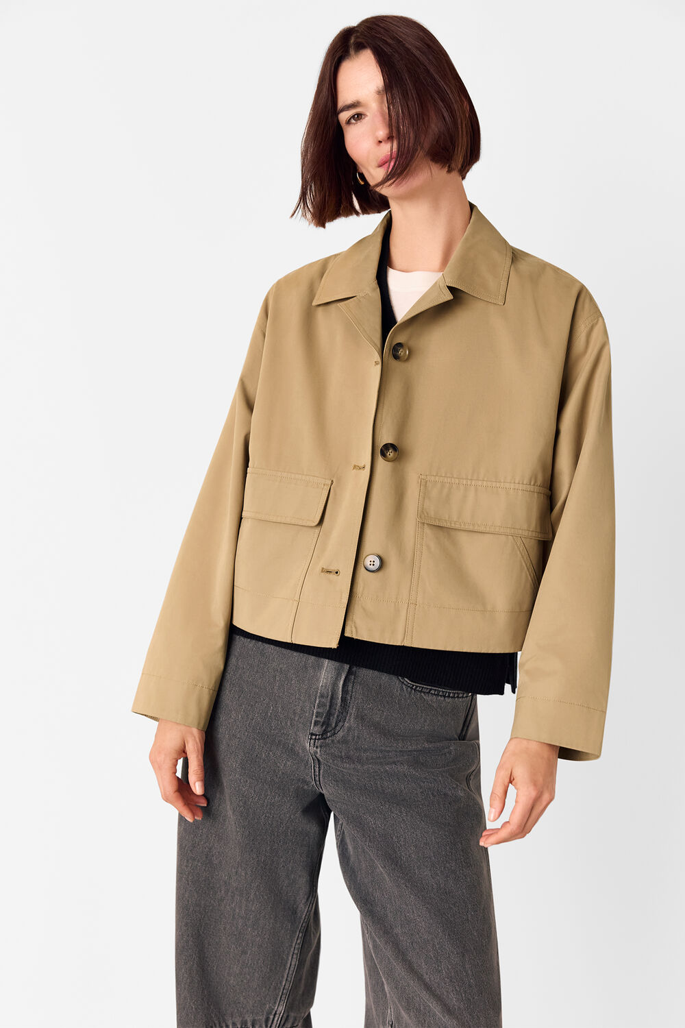 Neutral Short Cotton Trench Jacket