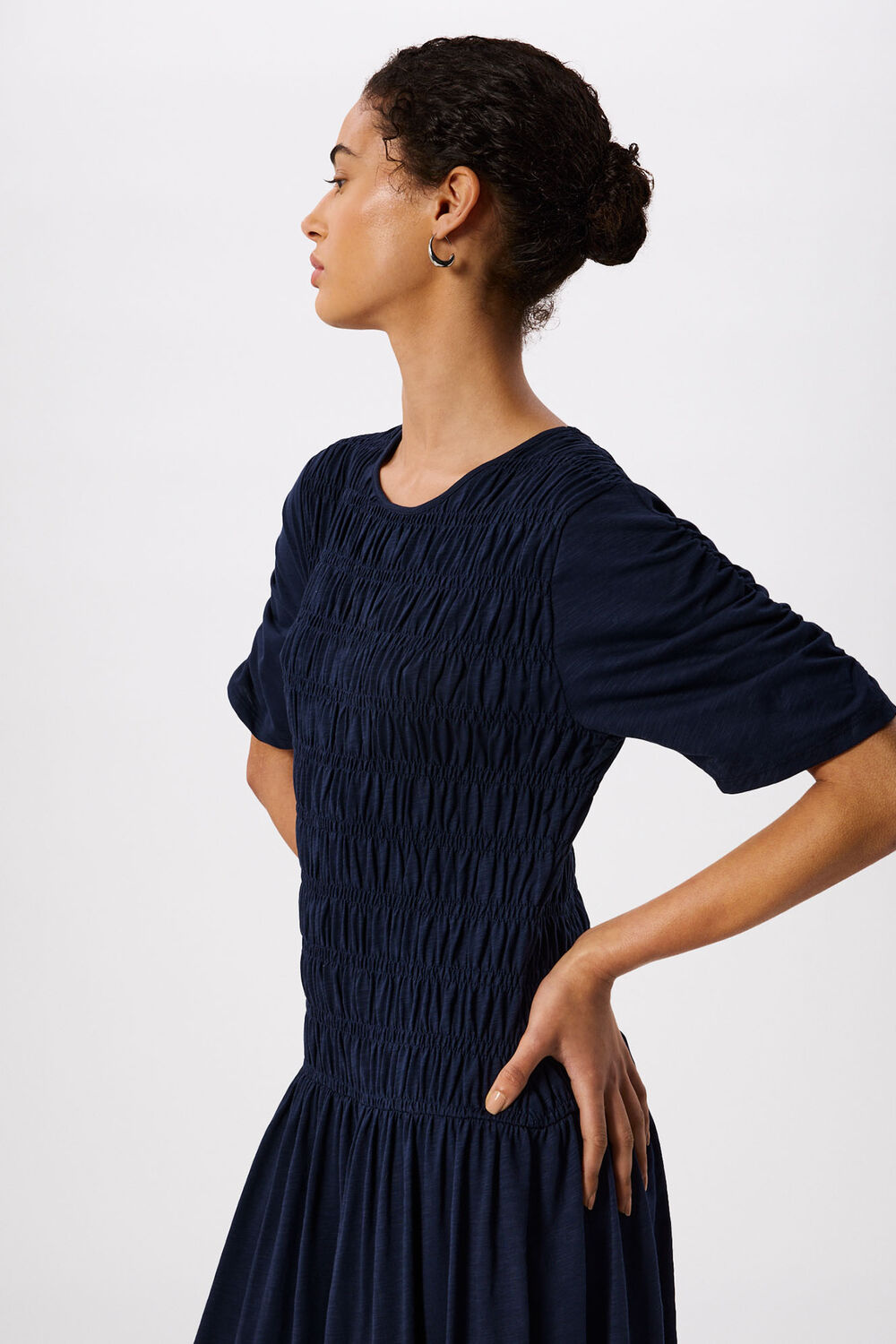 Navy Jersey Shirred Midi Dress