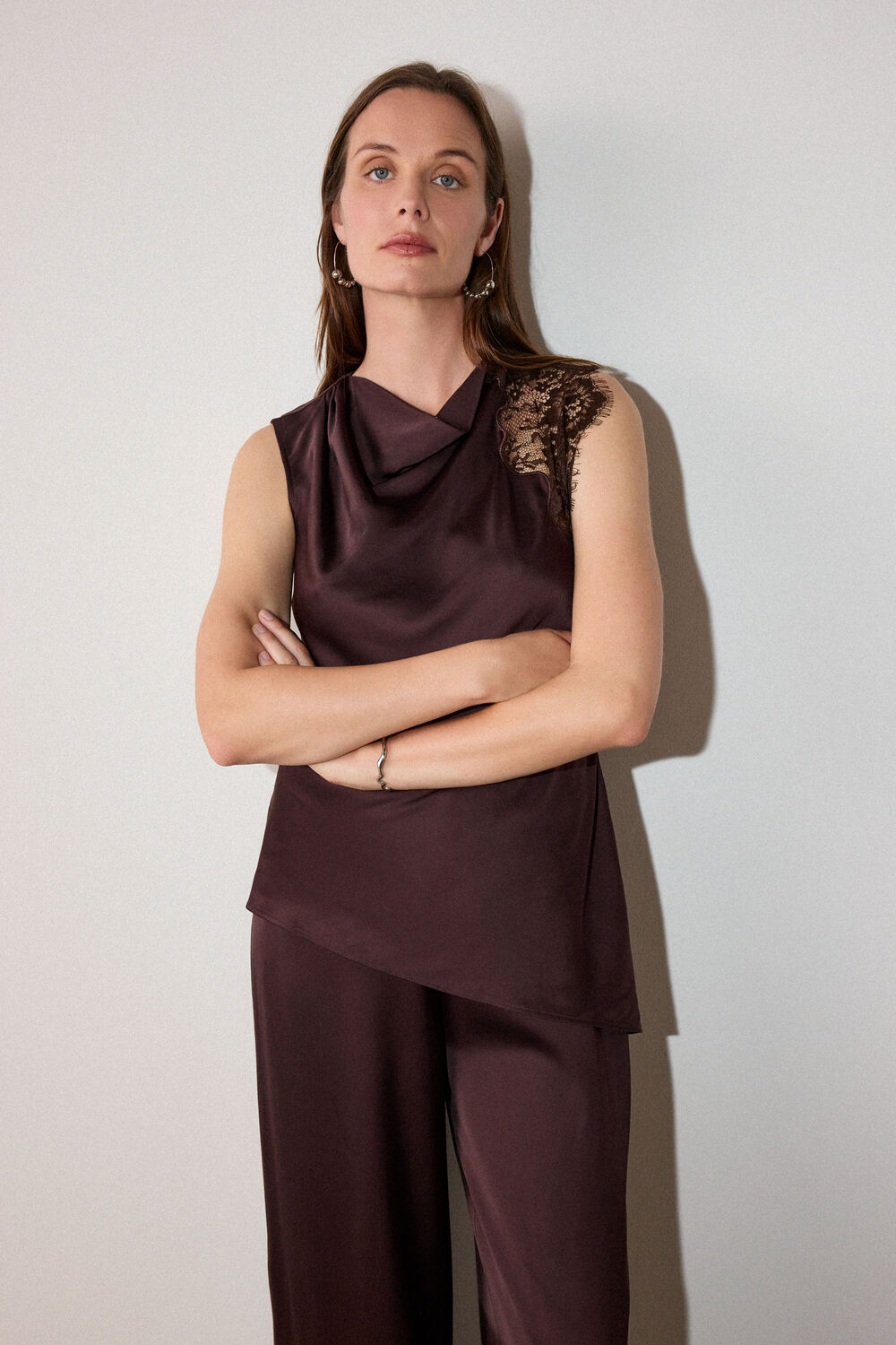 Chocolate Lace Asymmetric Satin Top