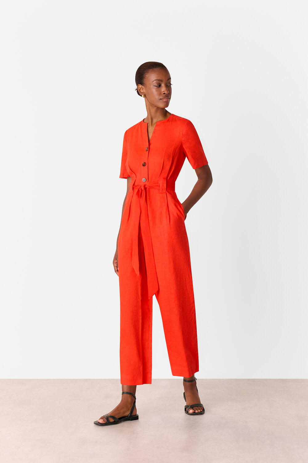 Red Linen Button Jumpsuit