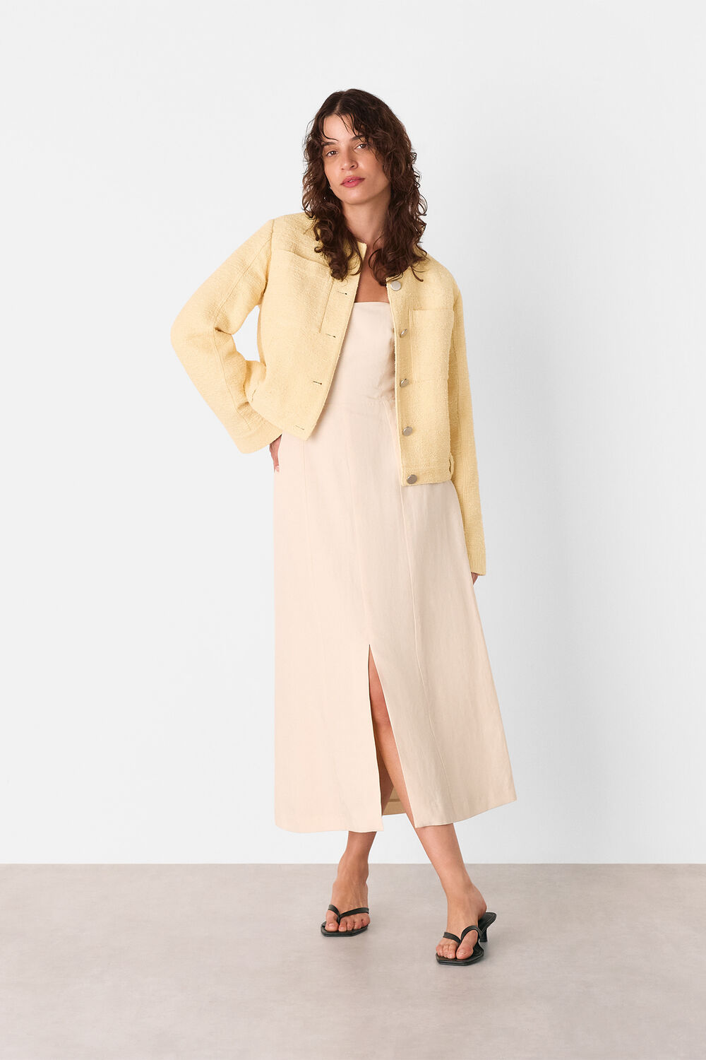 Yellow Textured Collarless Jacket
