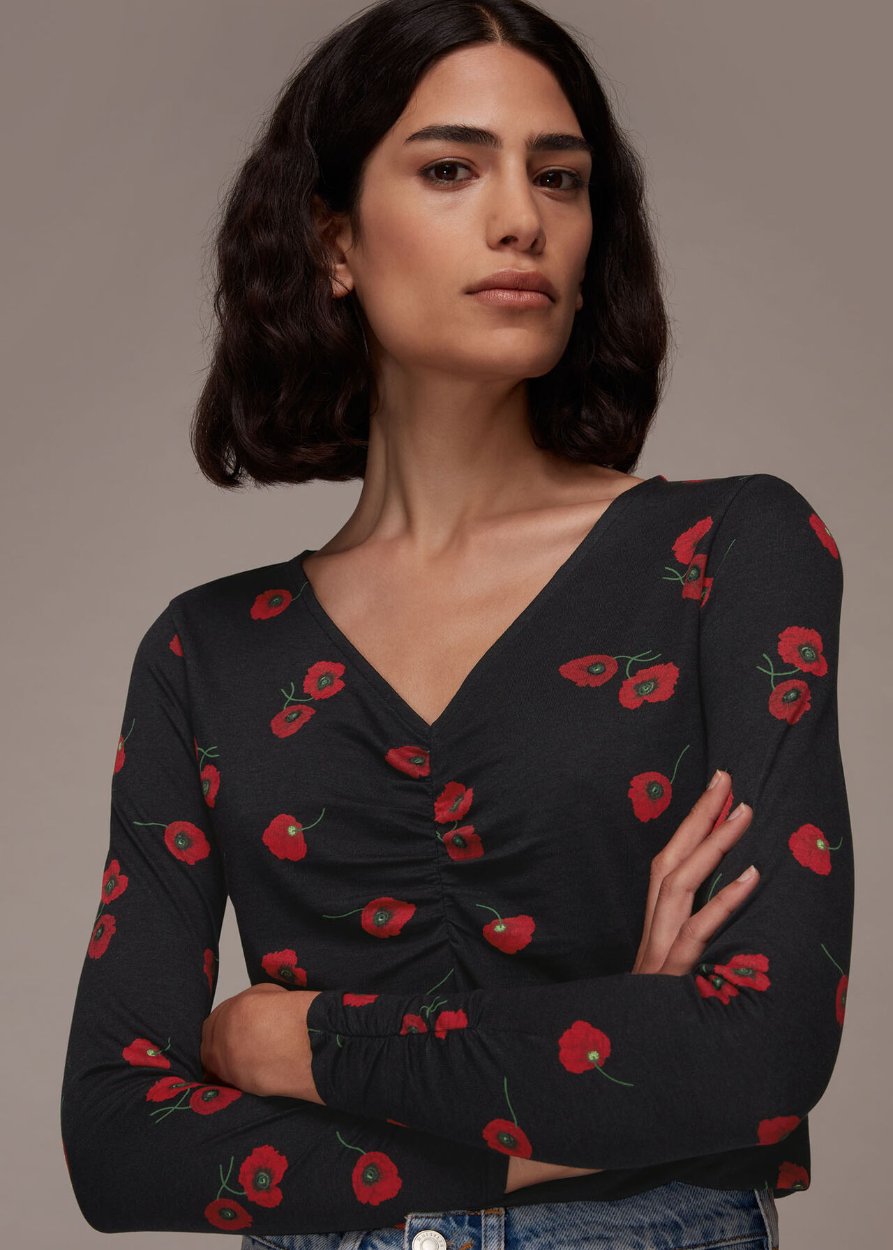 Poppy Print Ruched Neck Tee