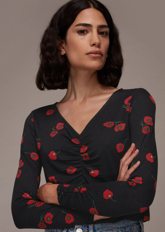 Multicolour Poppy Print Ruched Neck Tee
