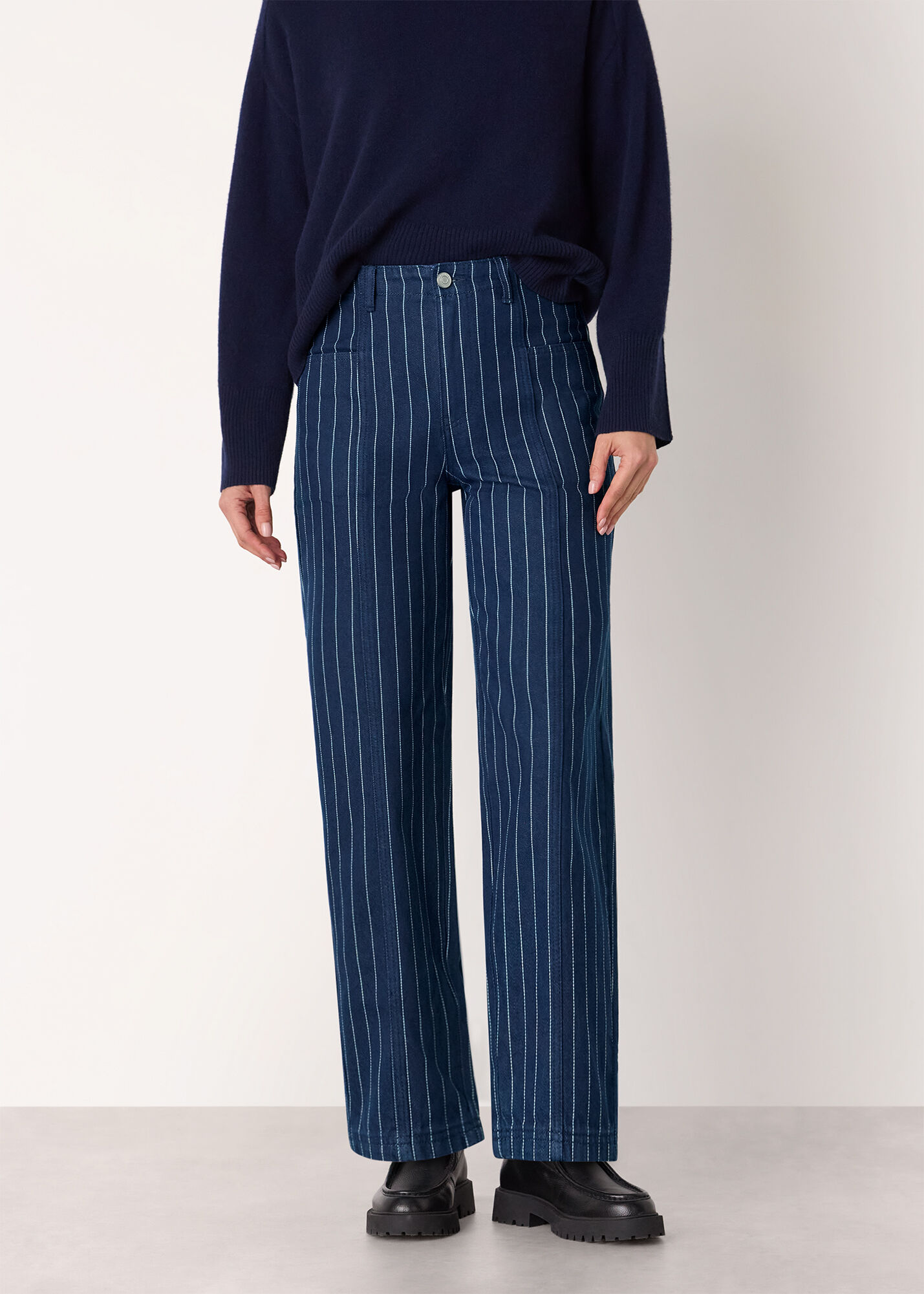 Navy/Multi Pinstripe Barrel Leg Jean | WHISTLES | Whistles US |
