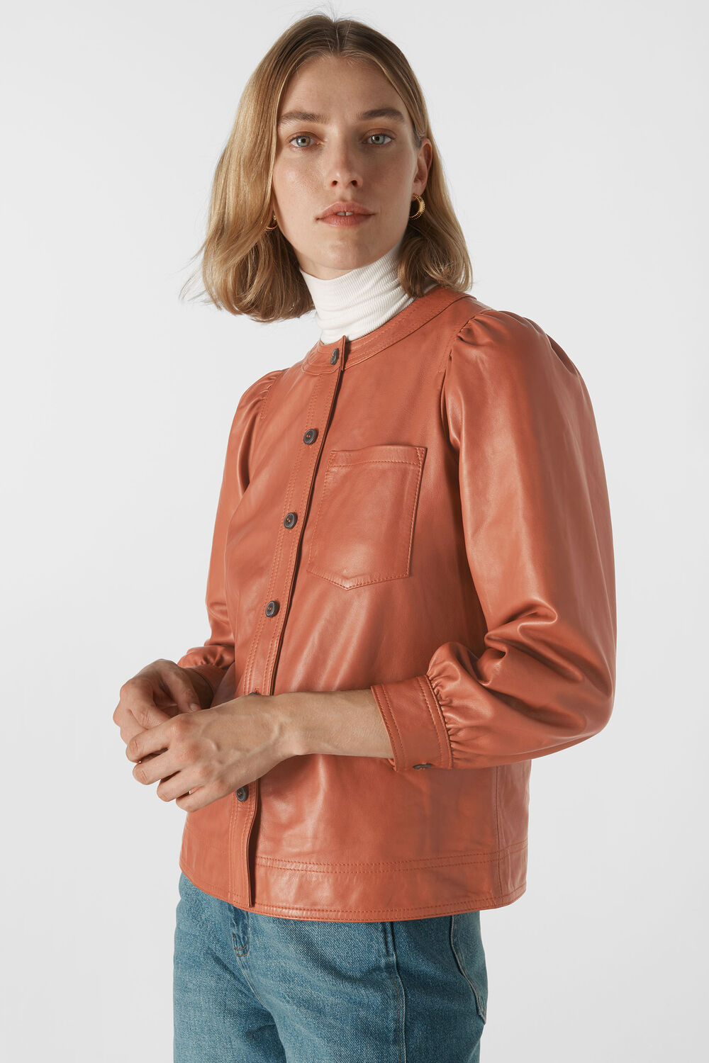 Leather Gathered Sleeve Shirt Toffee
