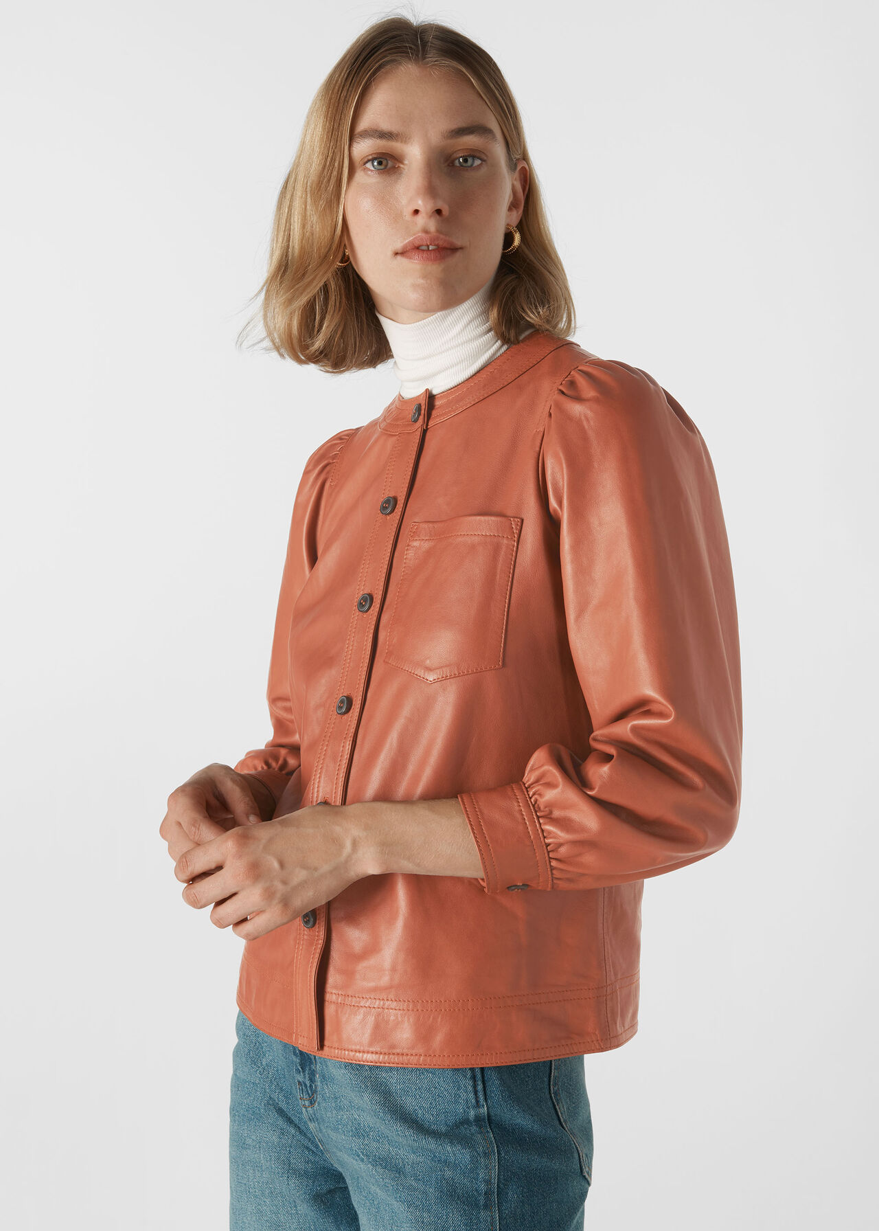 Leather Gathered Sleeve Shirt Toffee