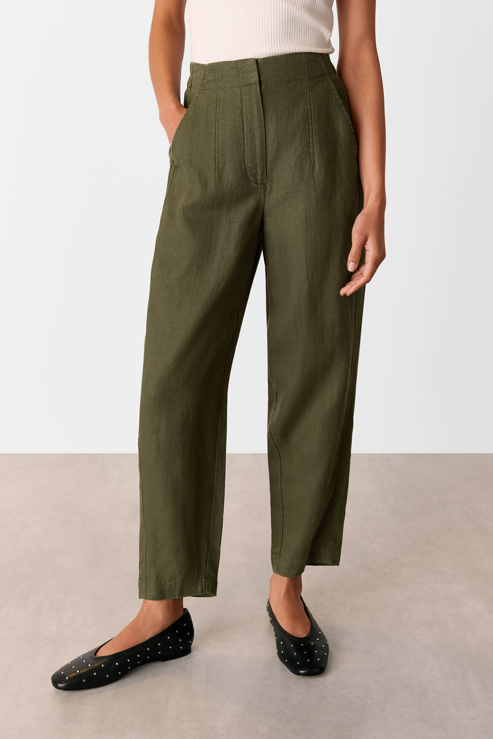 Khaki Linen Barrel Leg Trouser