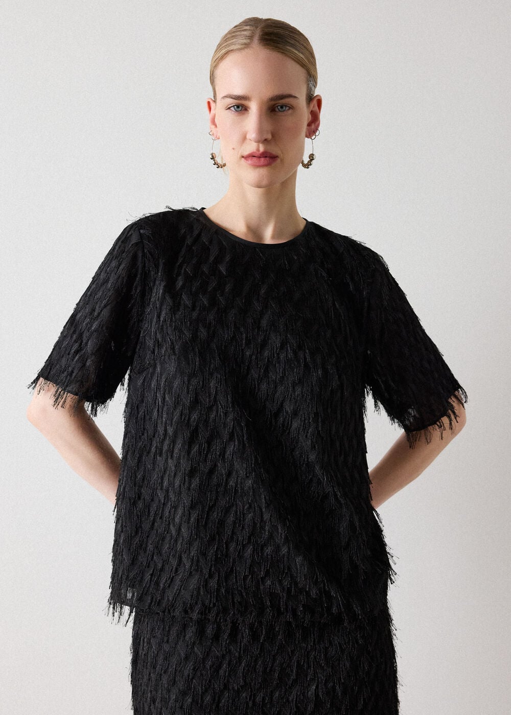 Black Fringe Textured Round Neck Top