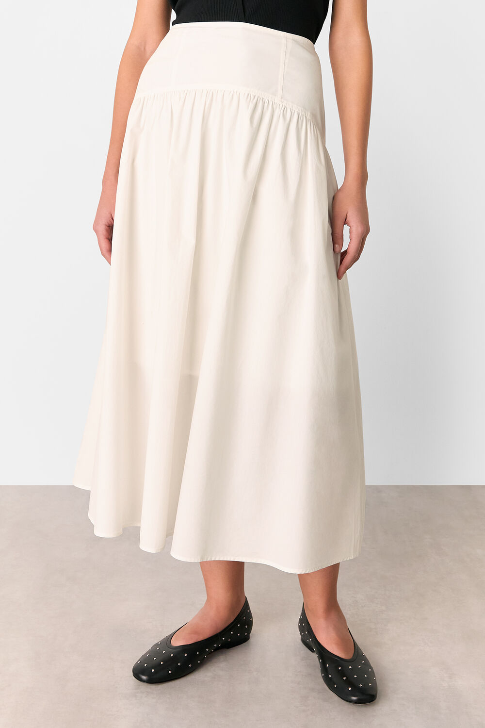 White Cotton Waisted Midi Skirt
