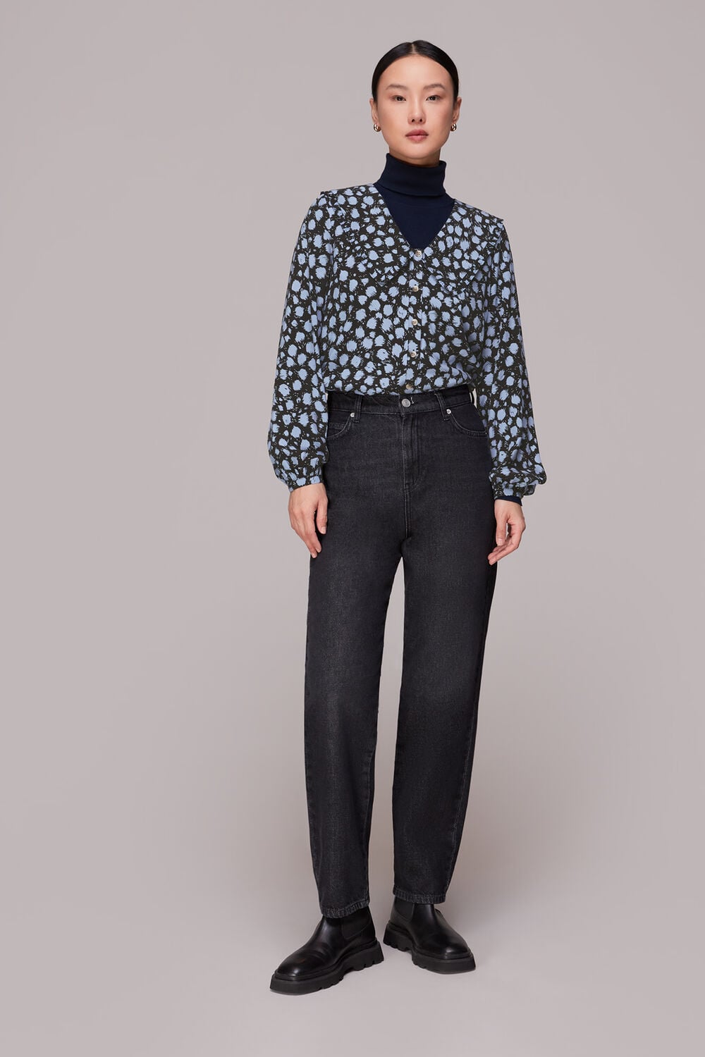 Black Dalmatian Print Collar Top