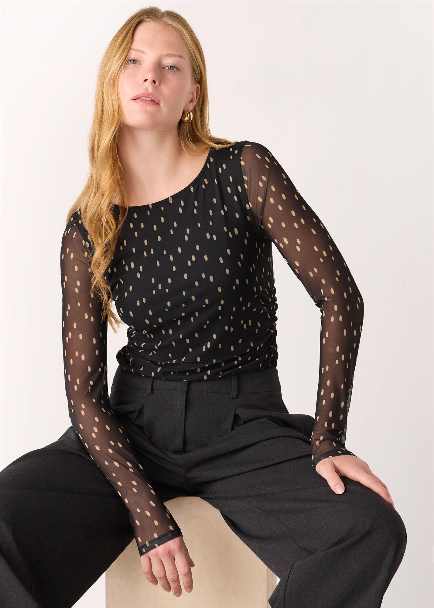 Black/Multi Spot Print Mesh Jersey Top | WHISTLES | Whistles ROW |