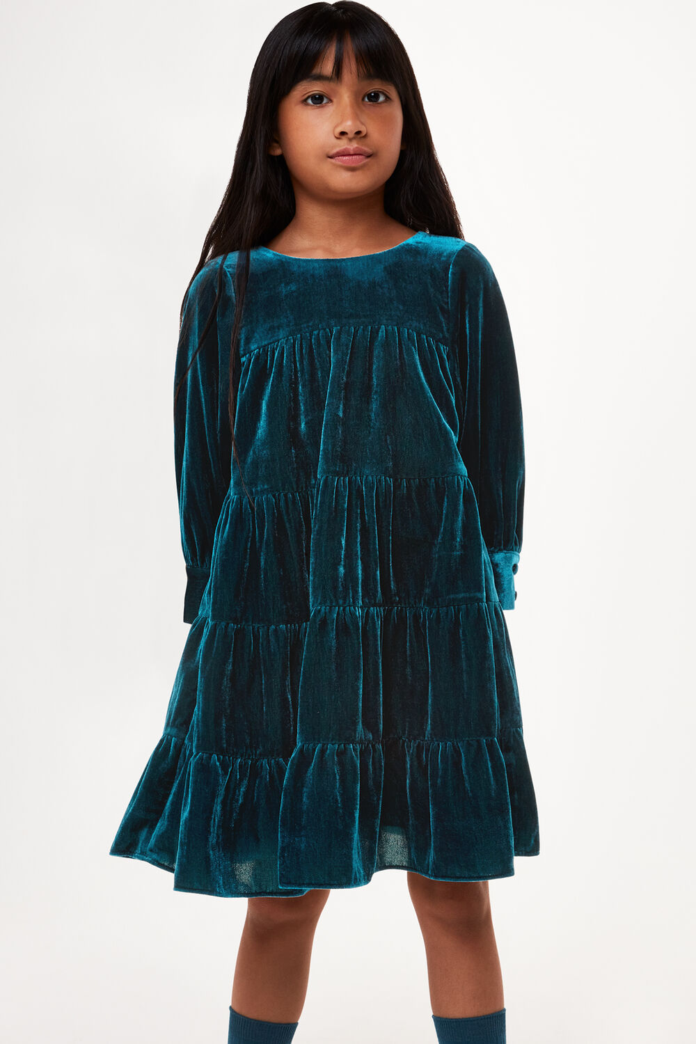 Teal Sawyer Tiered Velvet Dress