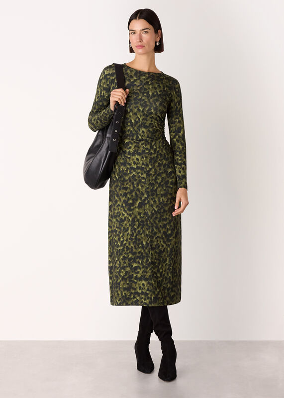 Green Animal Jersey Ruched Dress