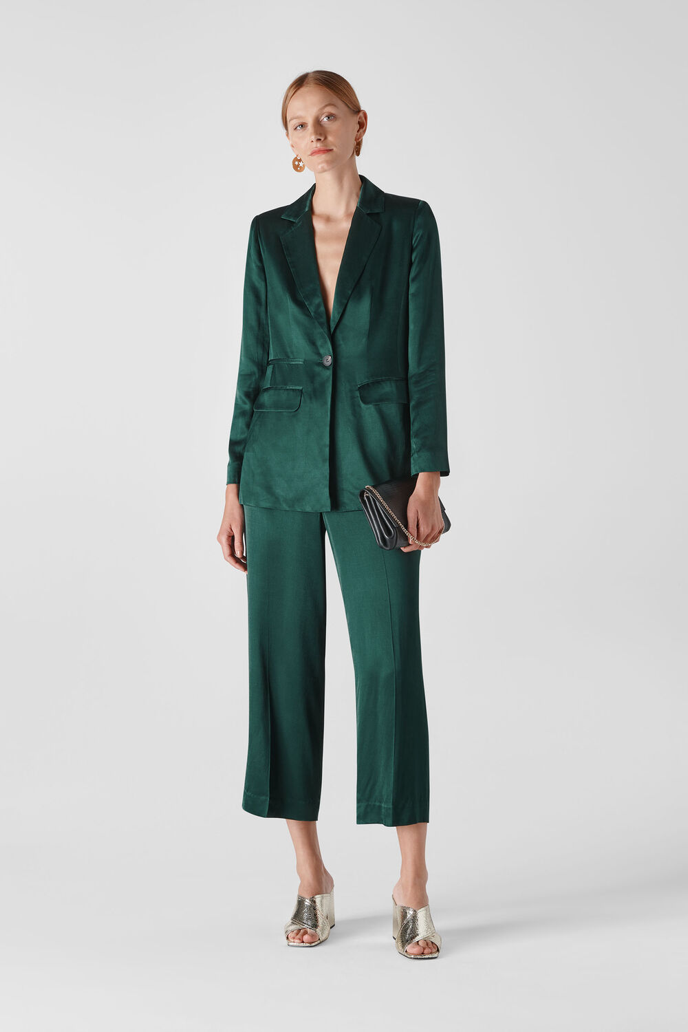 Satin Single Breasted Blazer Dark Green