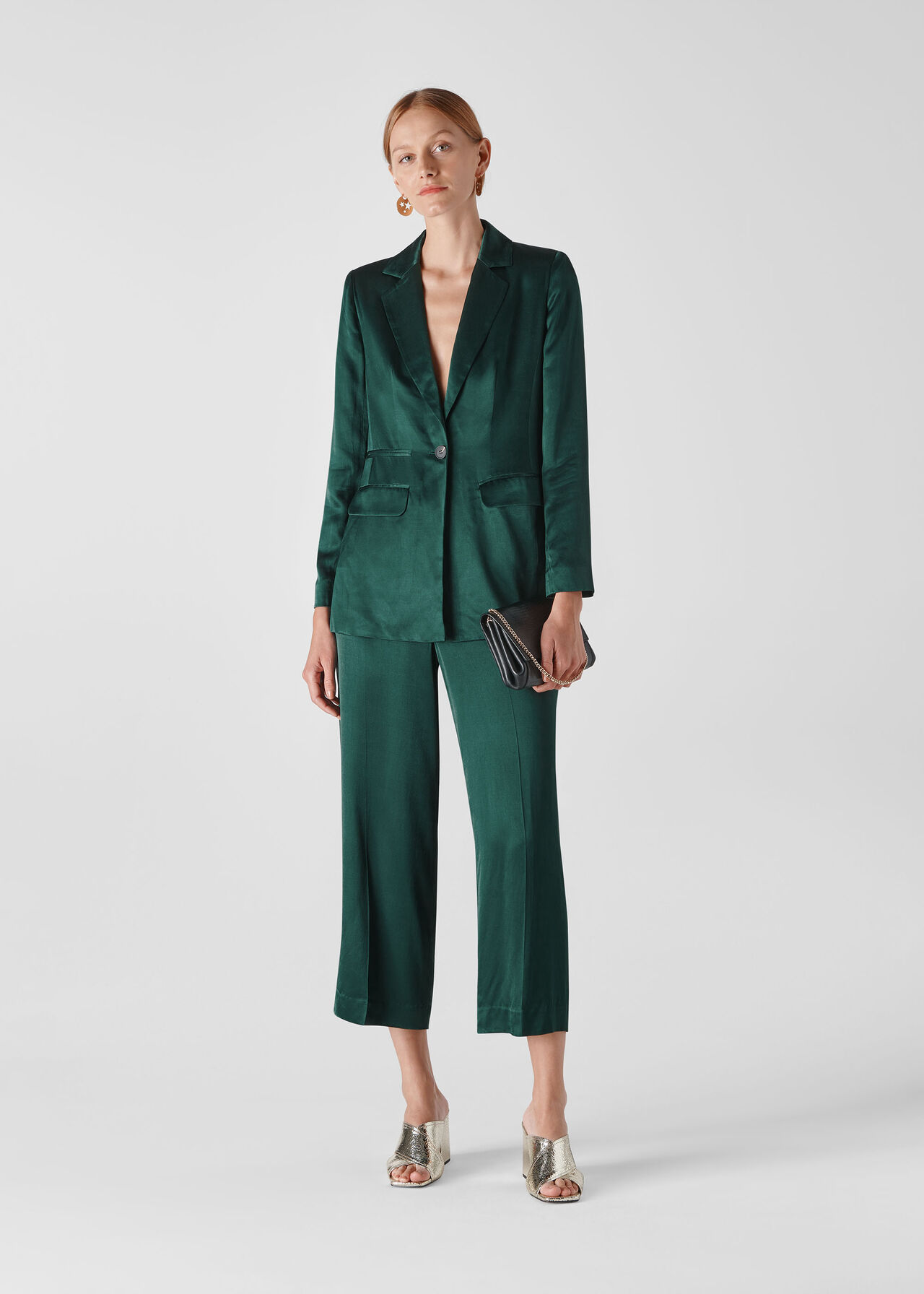 Satin Single Breasted Blazer Dark Green