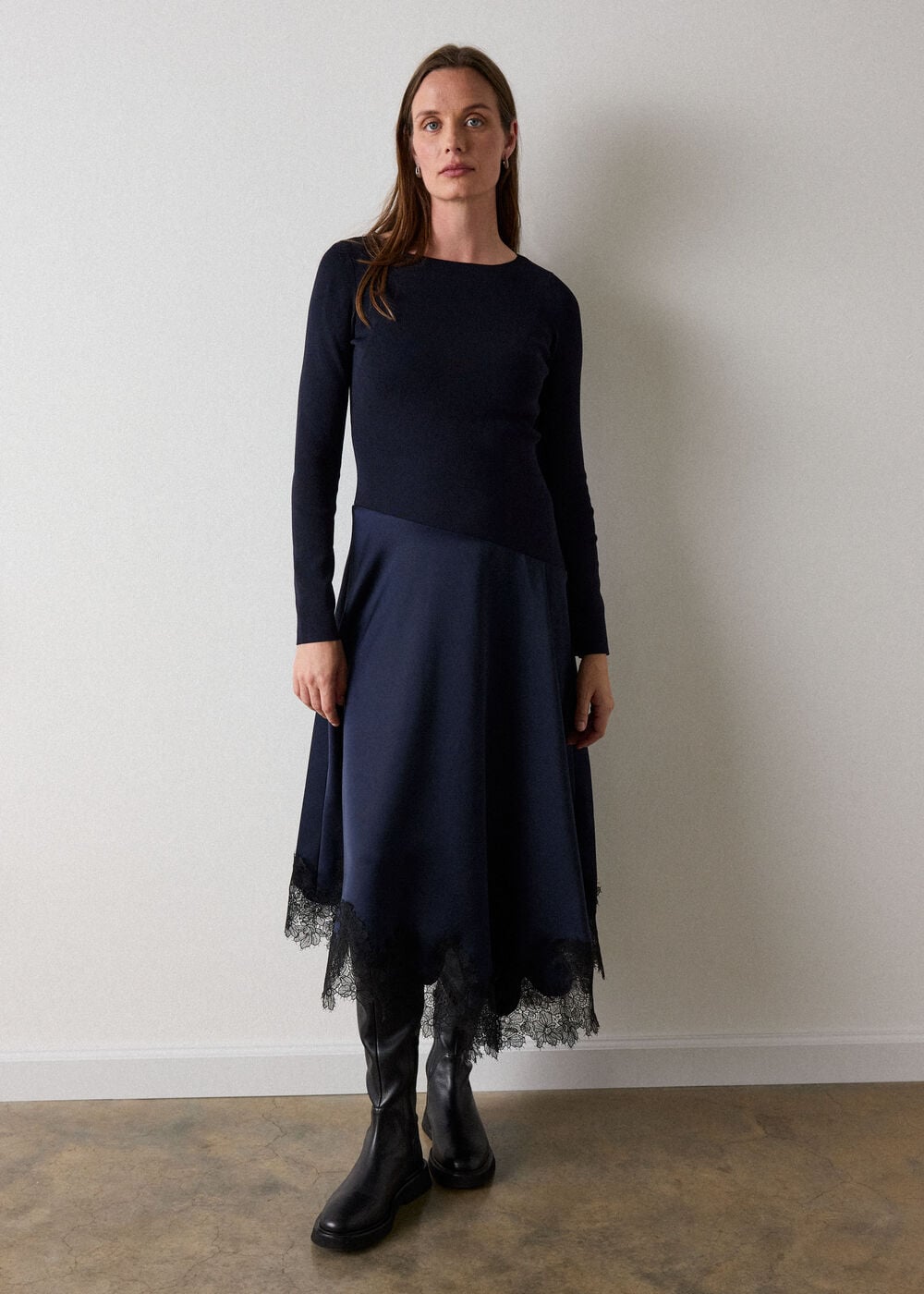 Navy Petite Knit Hybrid Lace Trim Dress