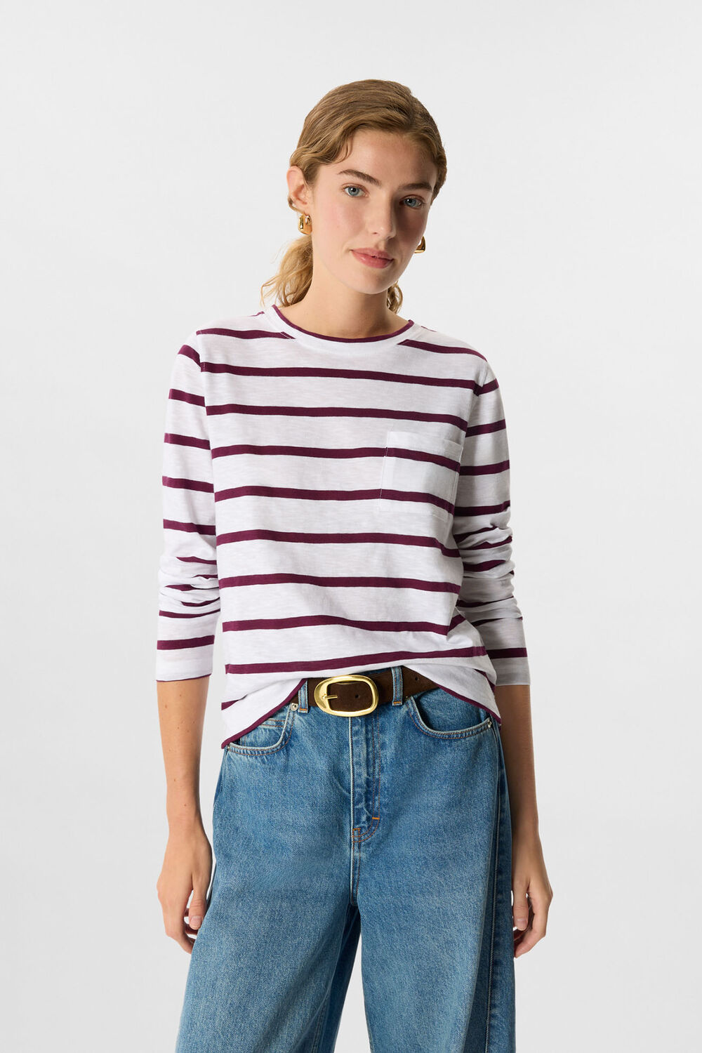 Burgundy Stripe Crew Neck Pocket Top