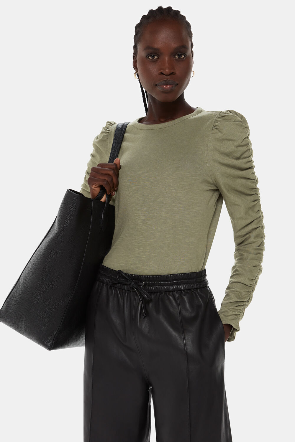 Khaki Ruched Sleeve Top