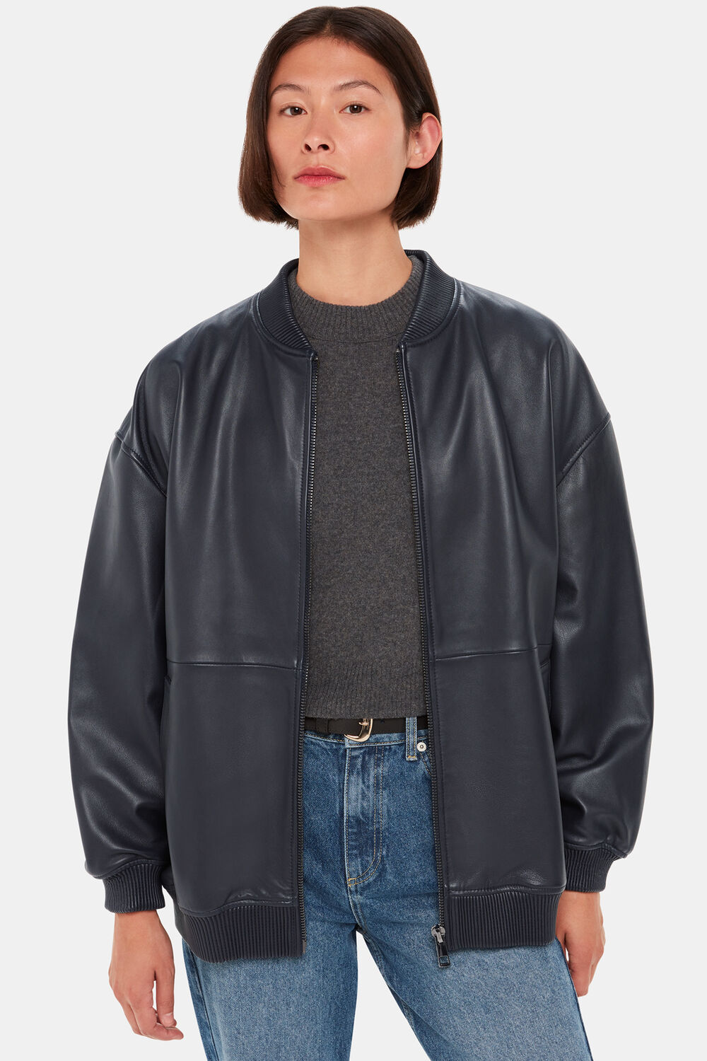 Navy Erin Leather Bomber