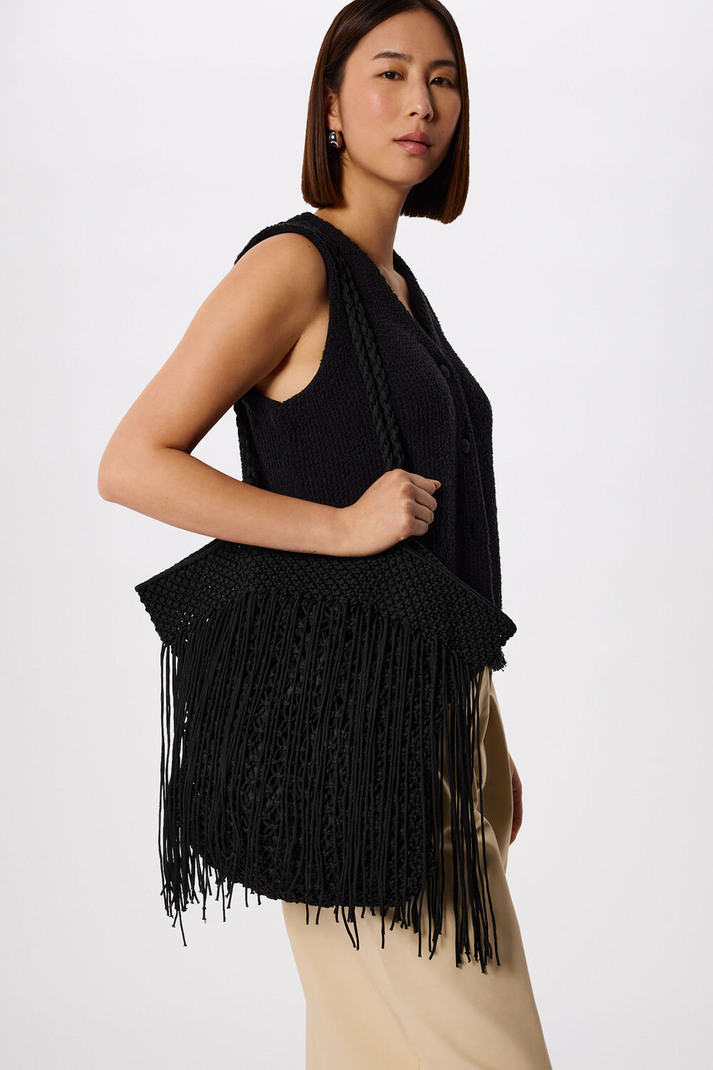 Black Crochet Fringe Bag
