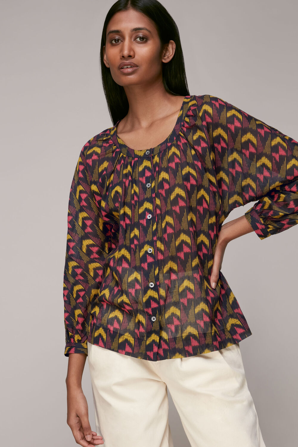 Multicolour Geometric Ikat Voile Blouse