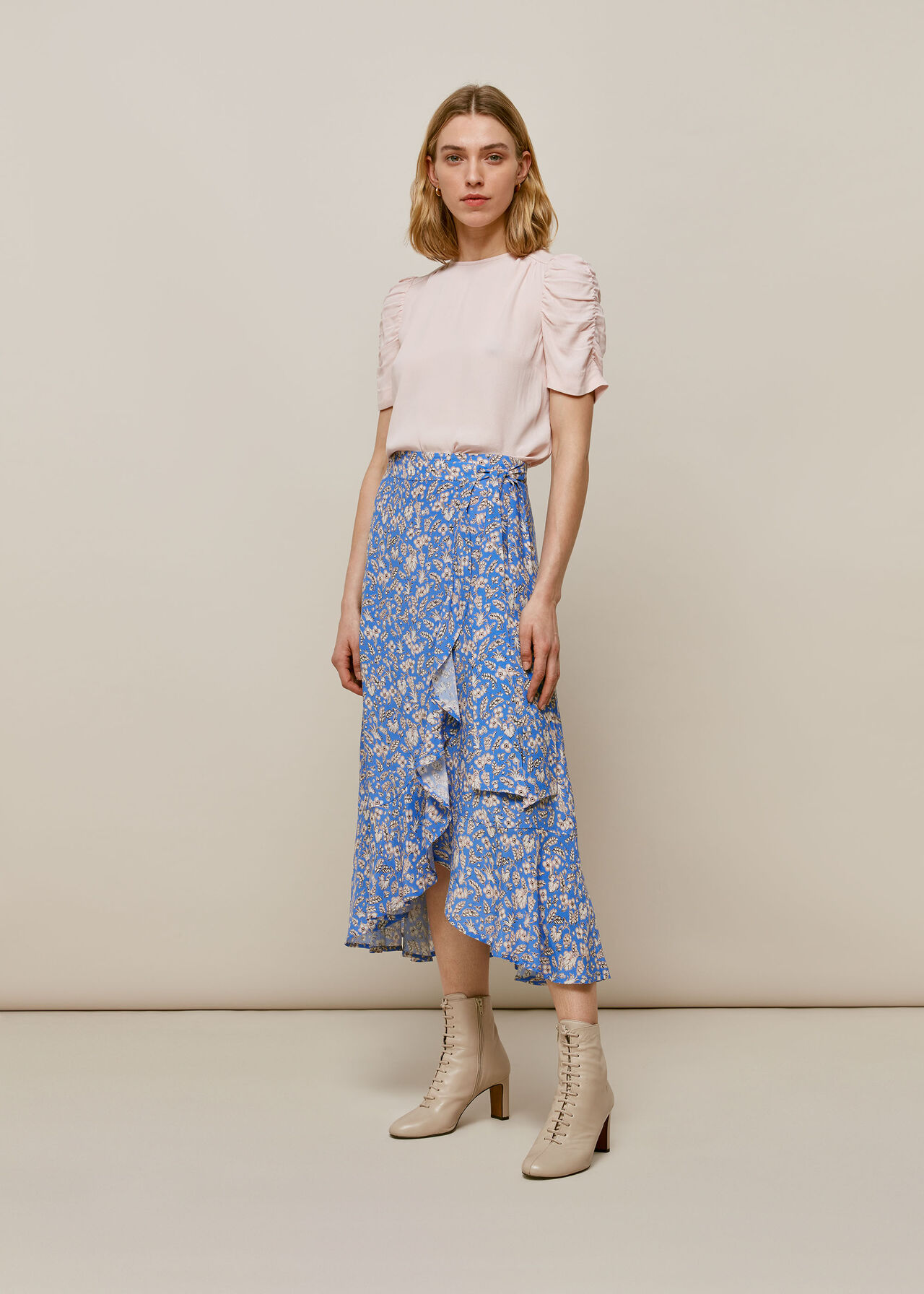 Blue/Multi Wheat Floral Wrap Skirt, WHISTLES