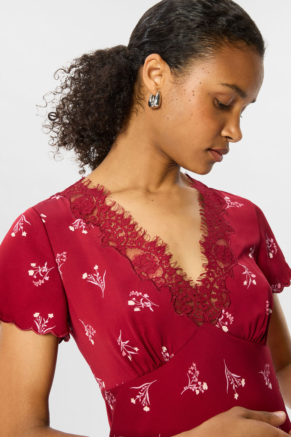 Burgundy Petite Floral Lace Trim Midi Dress