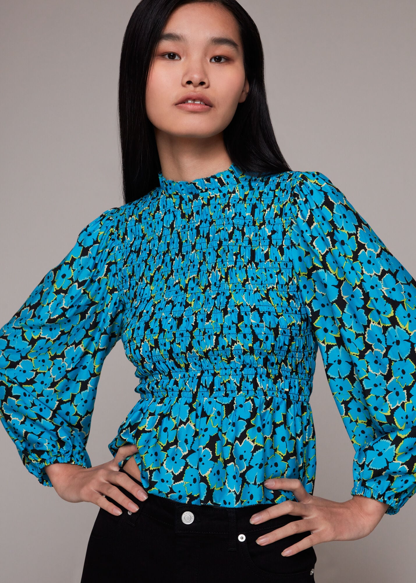 Blue/Multi Farfalle Flower Shirred Top | WHISTLES | Whistles ROW |