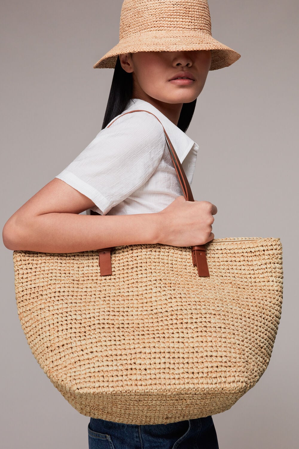 Teya Buckle Handle Straw Tote