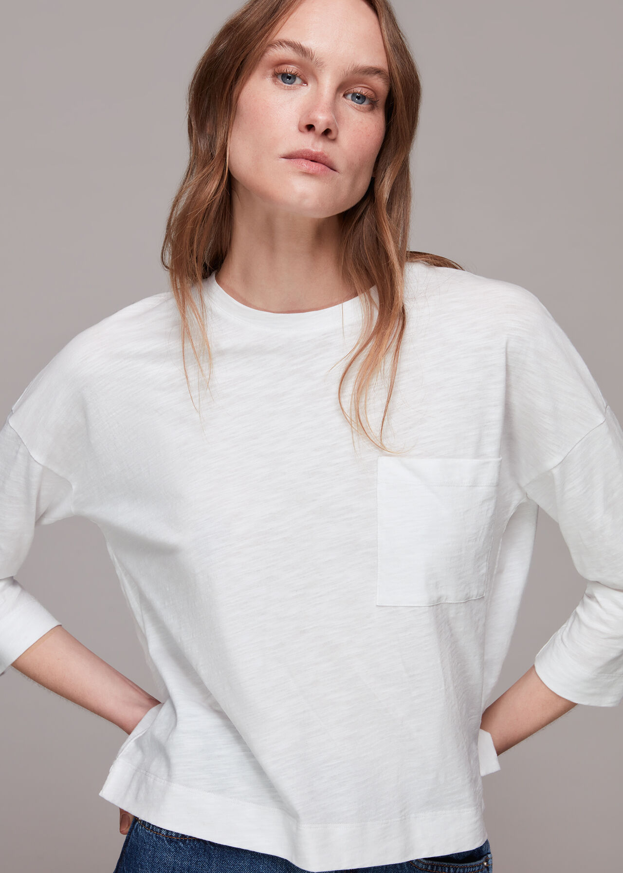 White Long Sleeve Top with Pocket 100 Cotton Whistles
