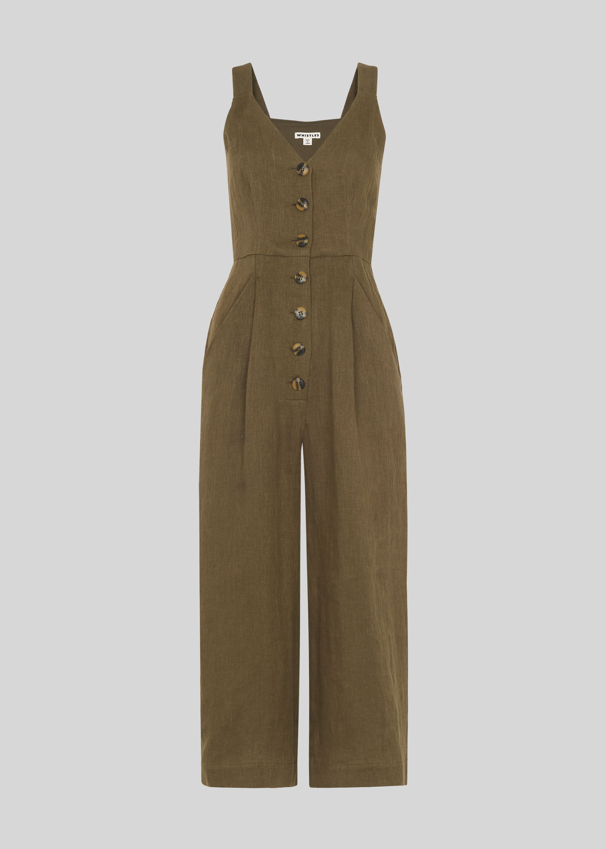 Khaki Liza Linen Button Jumpsuit | WHISTLES | Whistles US |
