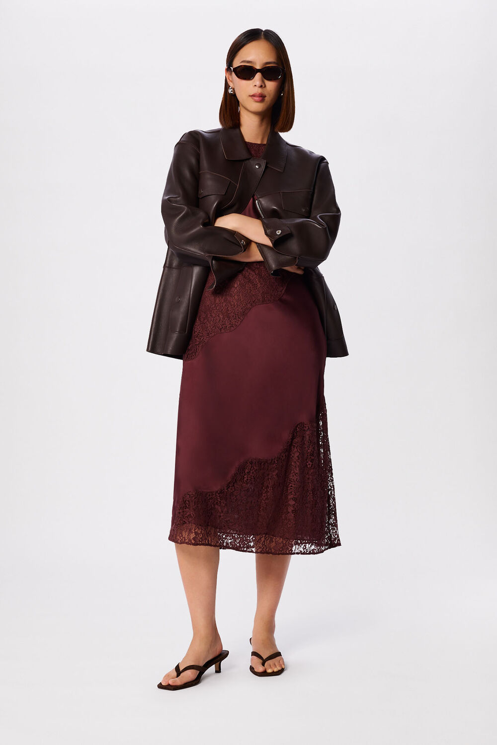 Brown Lace Insert Midi Dress