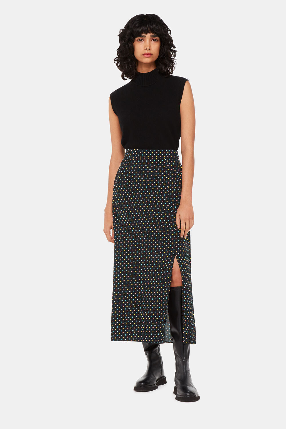 Black Scattered Hearts Midi Skirt