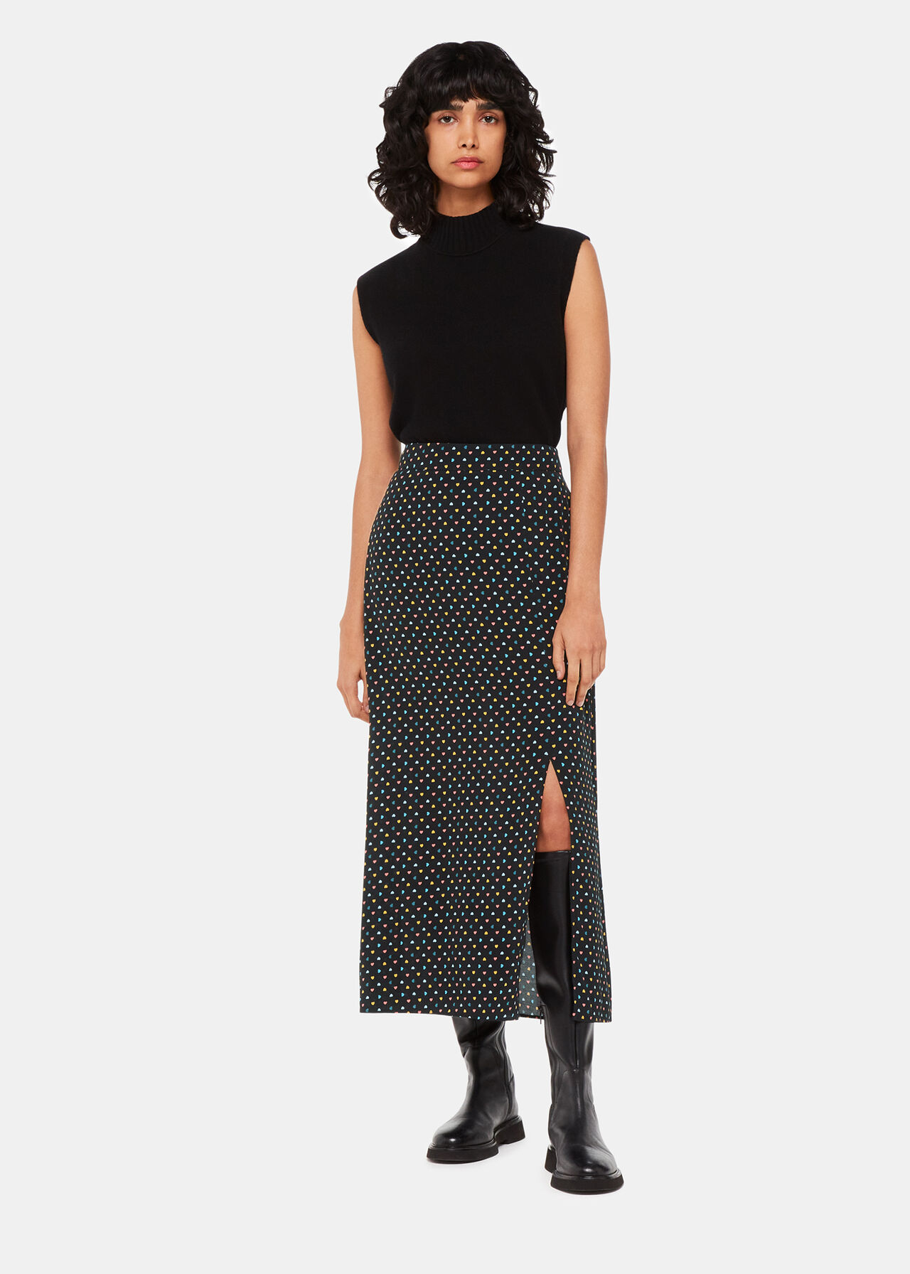 Black Multicoloured Heart Print Midi Skirt | Whistles UK | Whistles UK