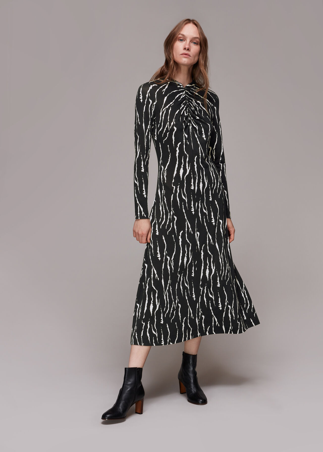 Black/White Rumi Vertical Tiger Midi Dress | WHISTLES | Whistles UK