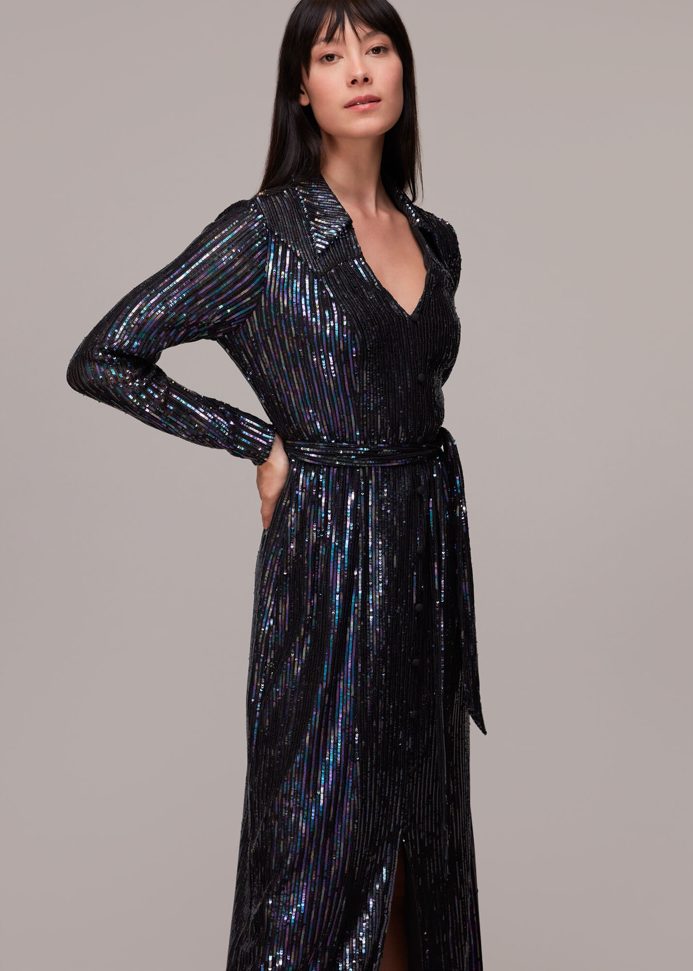 Black/Multi Stripe Sequin Midi Dress | WHISTLES