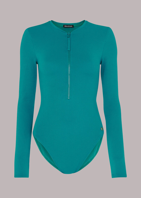 Teal Long Sleeve Texture Swimsuit