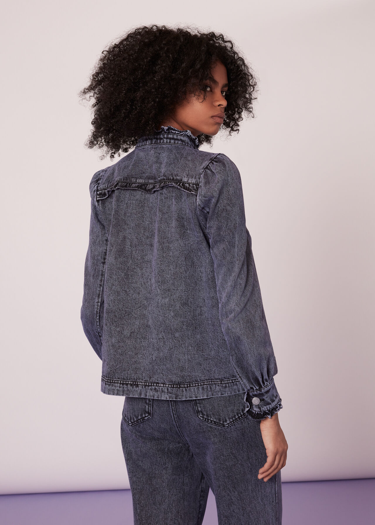 Ruffle Acid Wash Denim Blouse