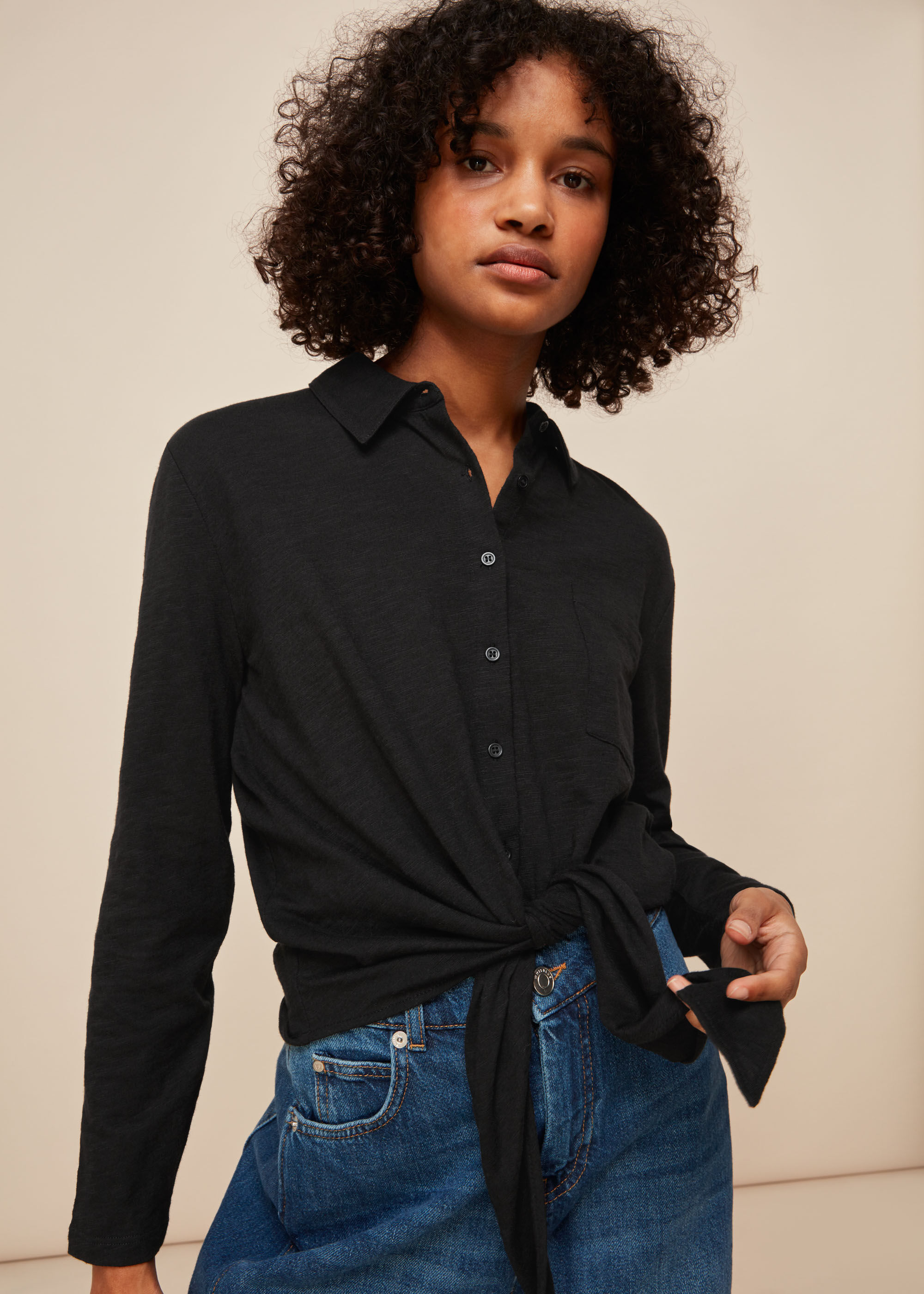 Black Tie Front Button Down Shirt