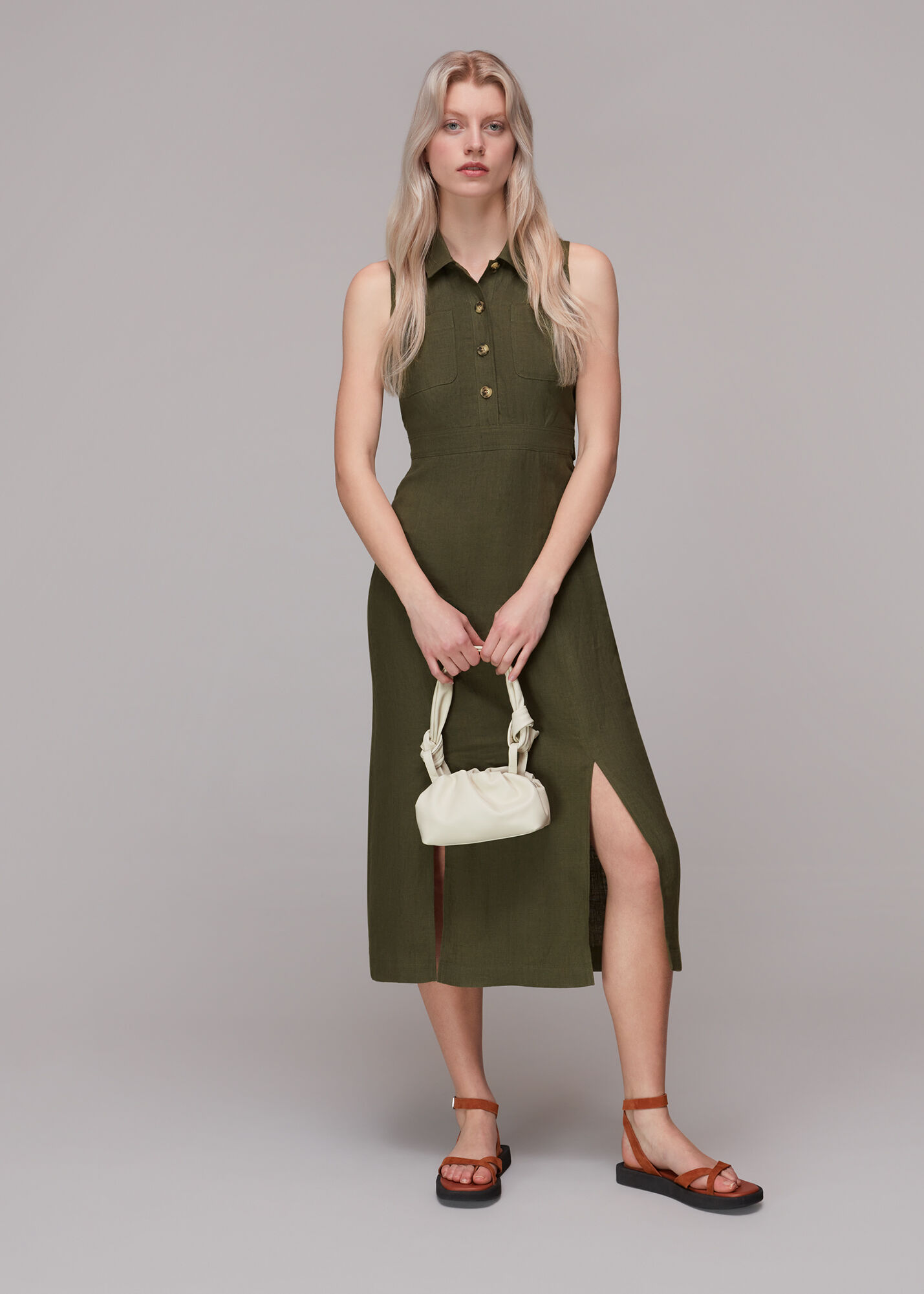Khaki Molly Linen Midi Dress WHISTLES