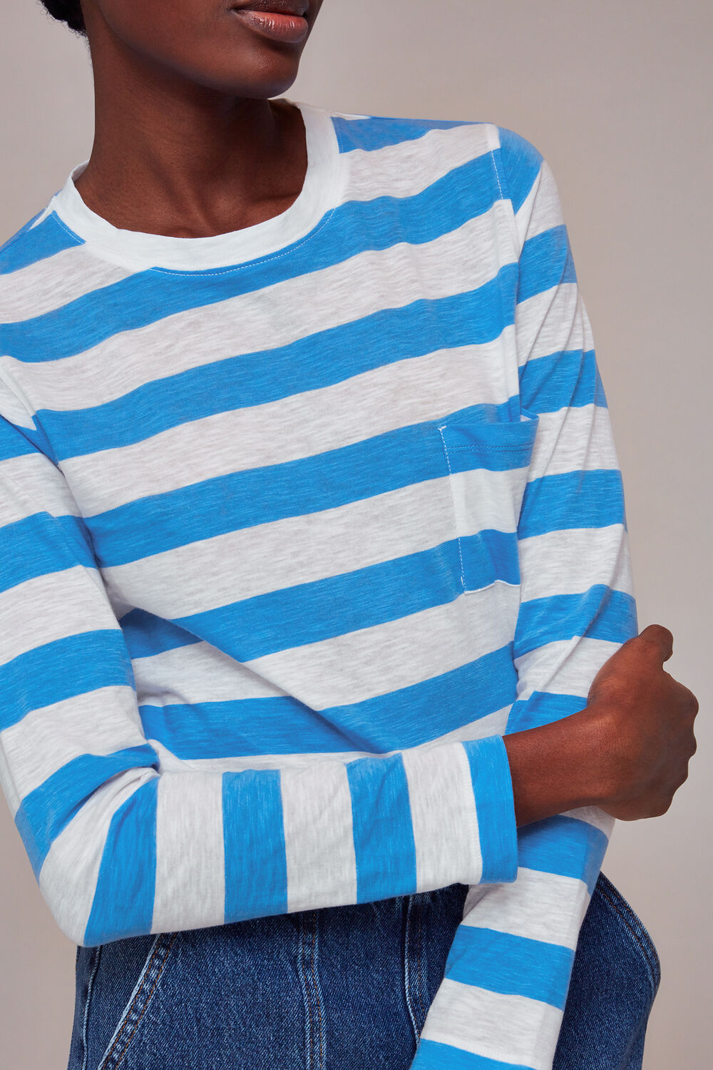 Crew Neck Stripe Pocket Top