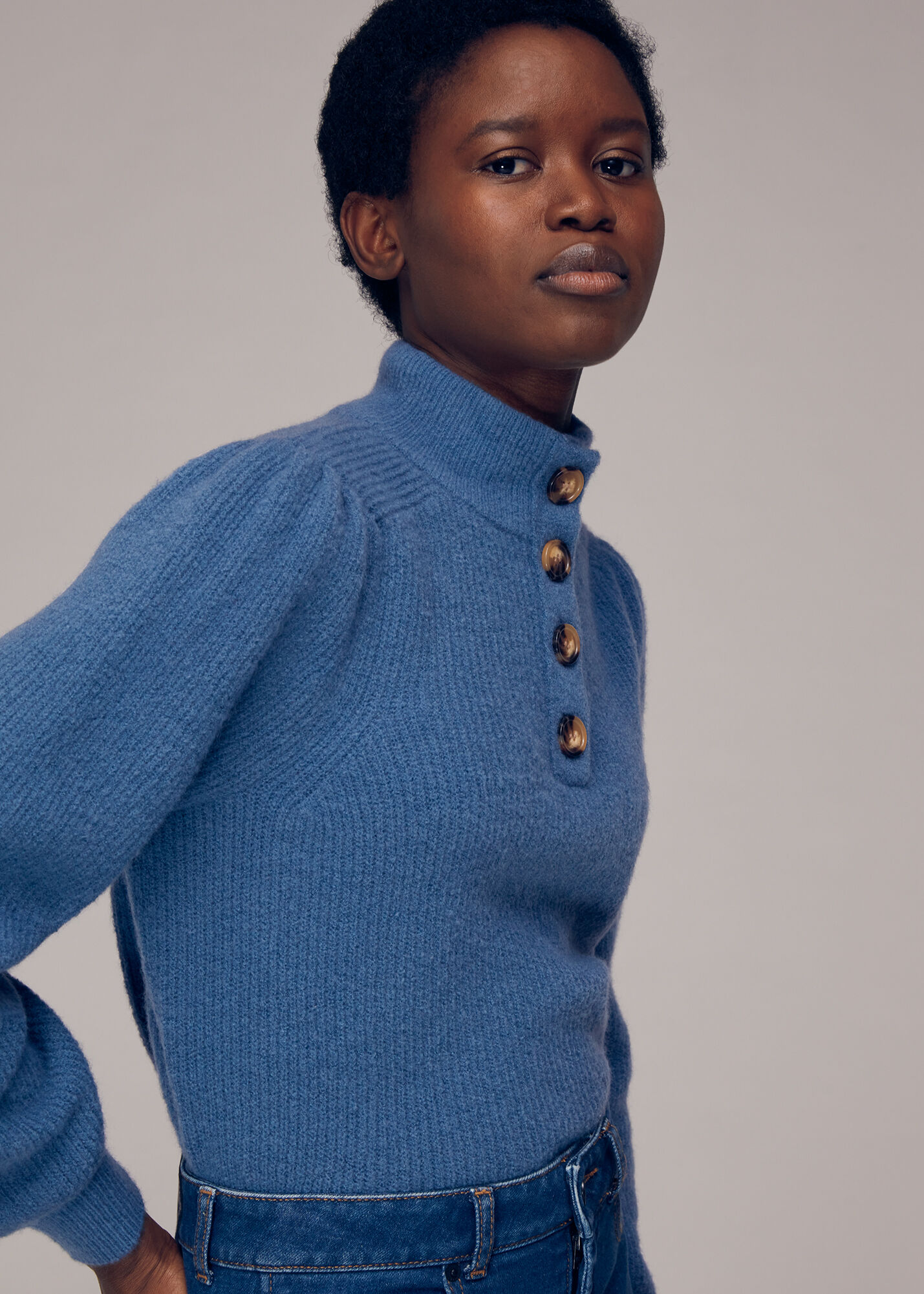 Women's Blue Puff Sleeve Button Sweat | Whistles US |