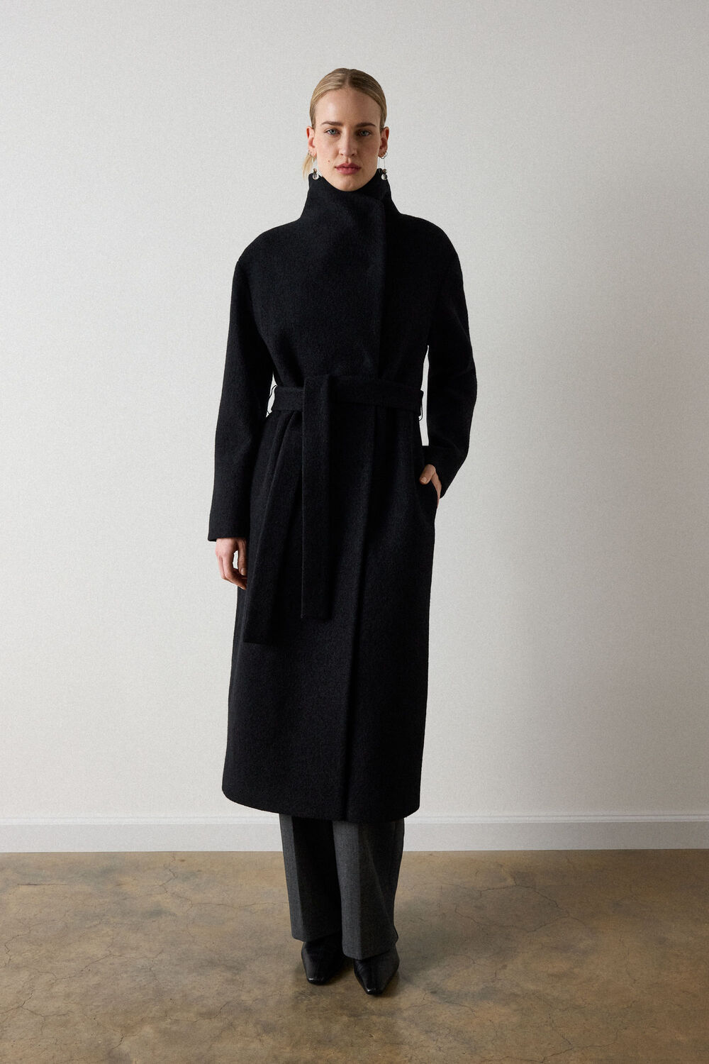 Black Morgana Wool Funnel Wrap Coat