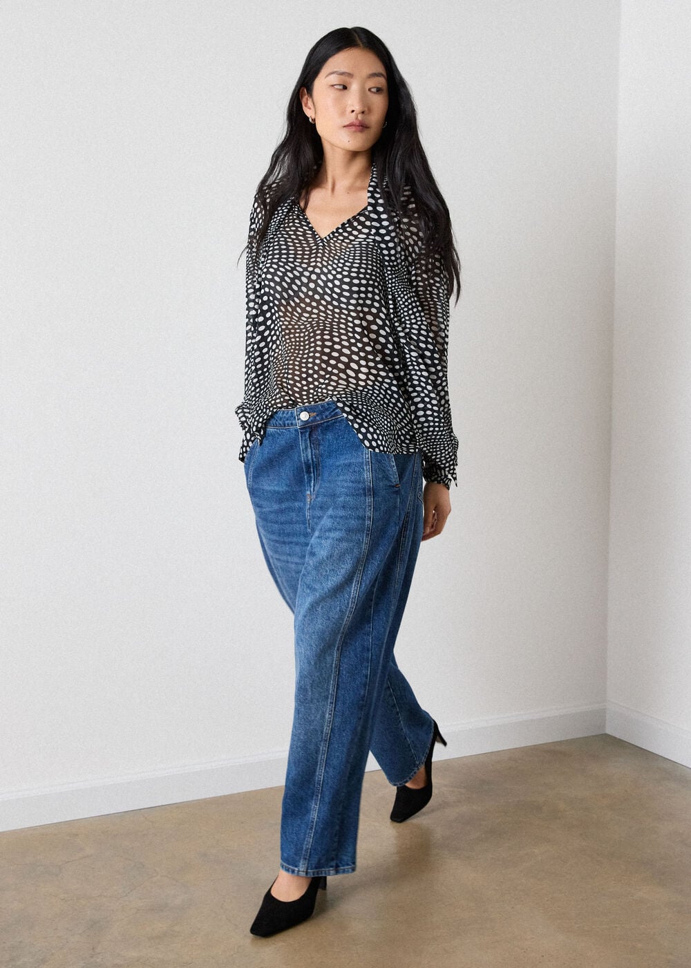 Mixed Spot Scarf Sheer Blouse