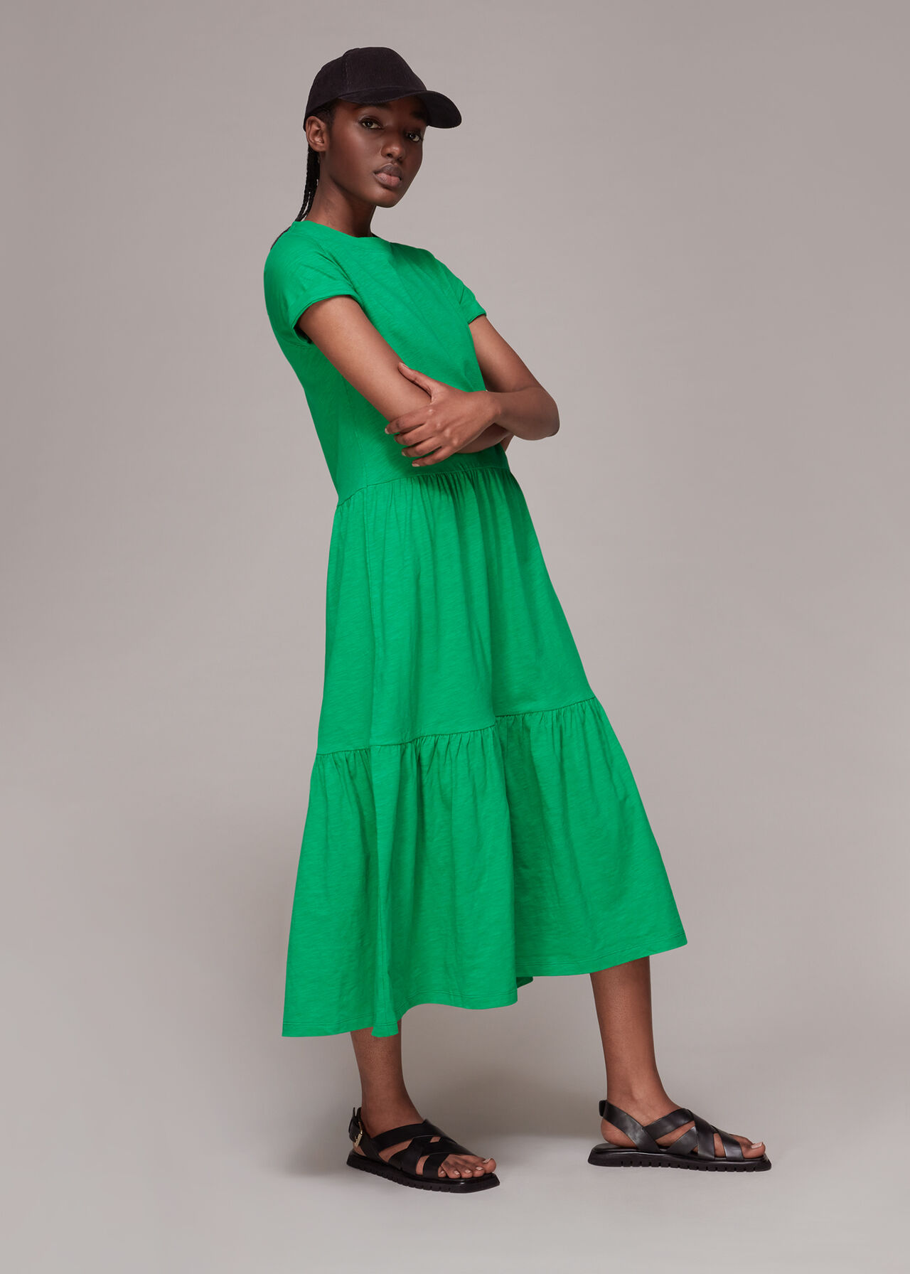 Whistles short sleeve tiered midi T-shirt dress in green