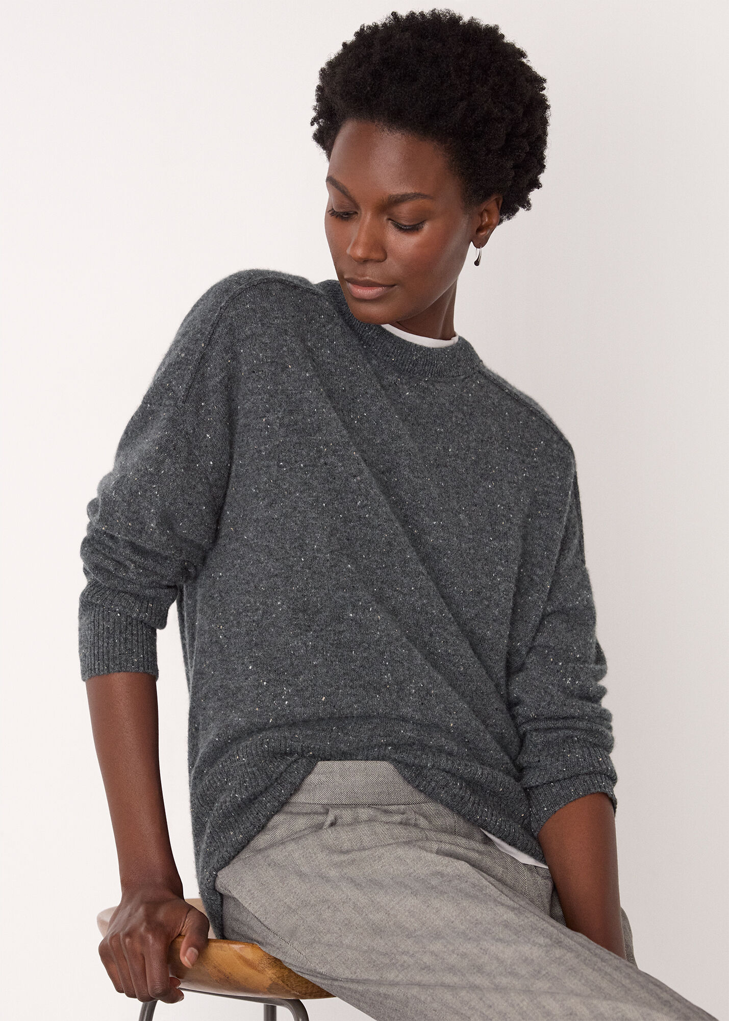 Dark Grey Cashmere Fleck Seam Neck Knit | WHISTLES | Whistles US |